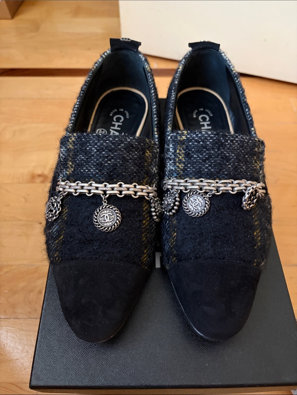 CHANEL Black Tweed & Suede Chain-Embellished Slip-On Loafers